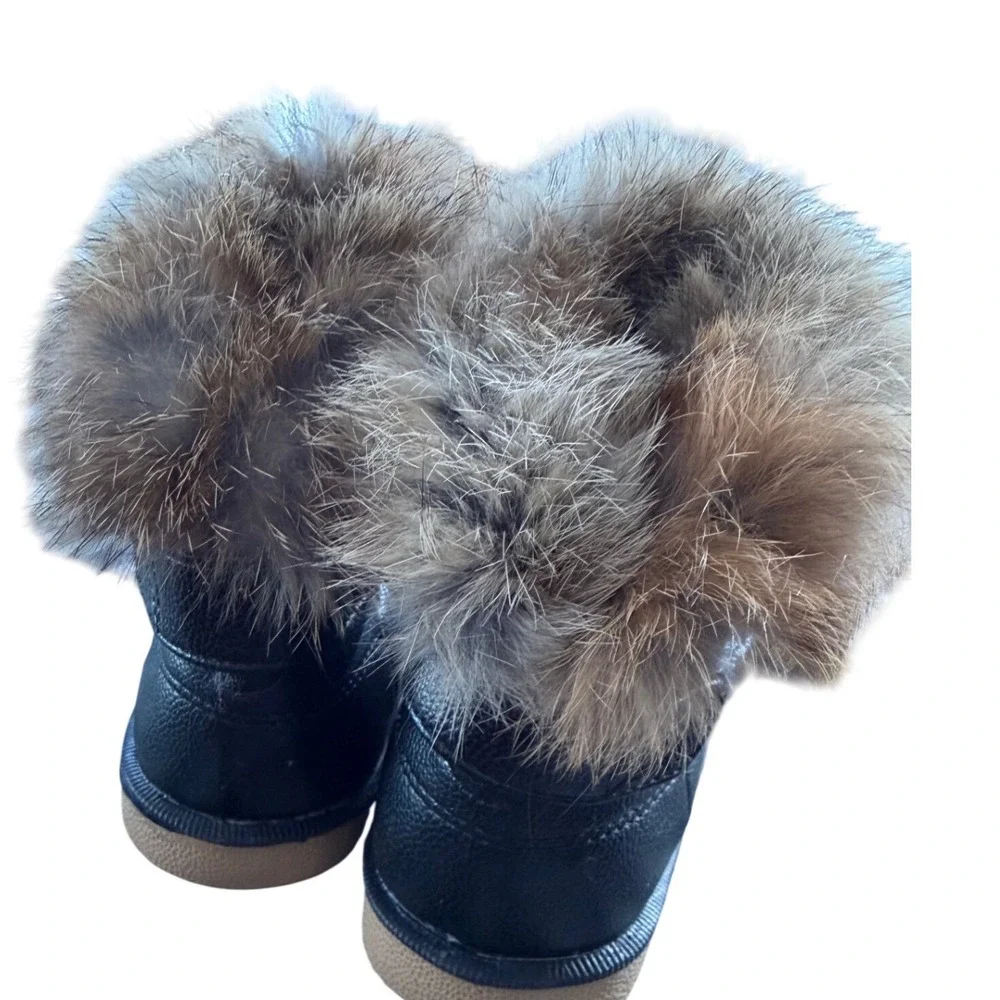 Kids Black Faux Leather Fur Trim Snow Boots Toddler Child‎ Size 4